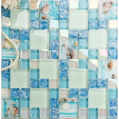 Résine de style méditerranéen de mosaïque de verre bleu fissuré avec Conch Shell Beach Backsplash Carrelage blanc irisé Résine de style méditerranéen de mosaïque de verre bleu fissuré avec Conch Shell Beach Backsplash Carrelage blanc irisé
