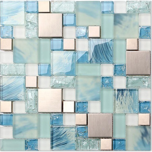 Mosaïque de verre bleu feuilles en acier inoxydable dosseret crackle carreaux de verre de cristal pour la cuisine et carrelage mural de salle de bain mosaïque en métal MGMH10